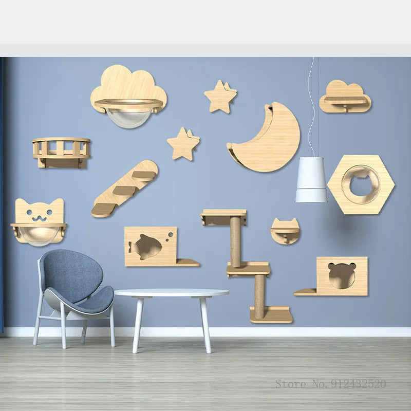 Arbre à Chat Mural Étoilé & Nuageux