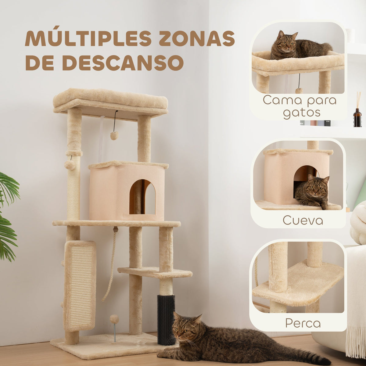 Arbre à Chat avec Brosse de Massage Intégrée - Beige