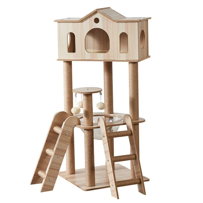 Arbre à Chat CabaneCat Bois Naturel Multi-niveaux