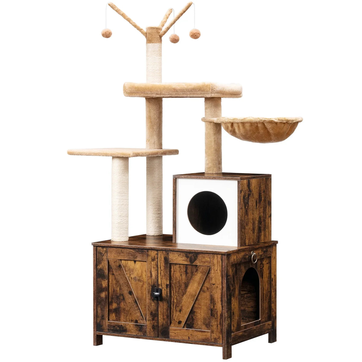 Arbre à Chat Multifonction Bois & Litière Dissimulée