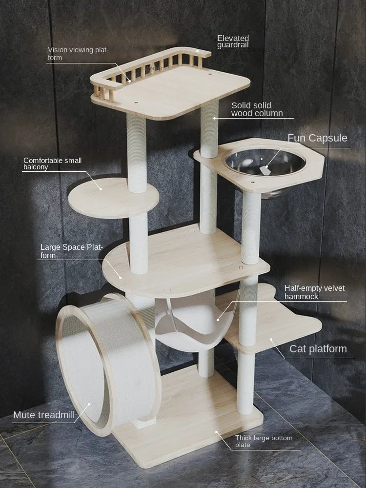 Arbre à Chat Design Blanc & Bois avec Roue XL