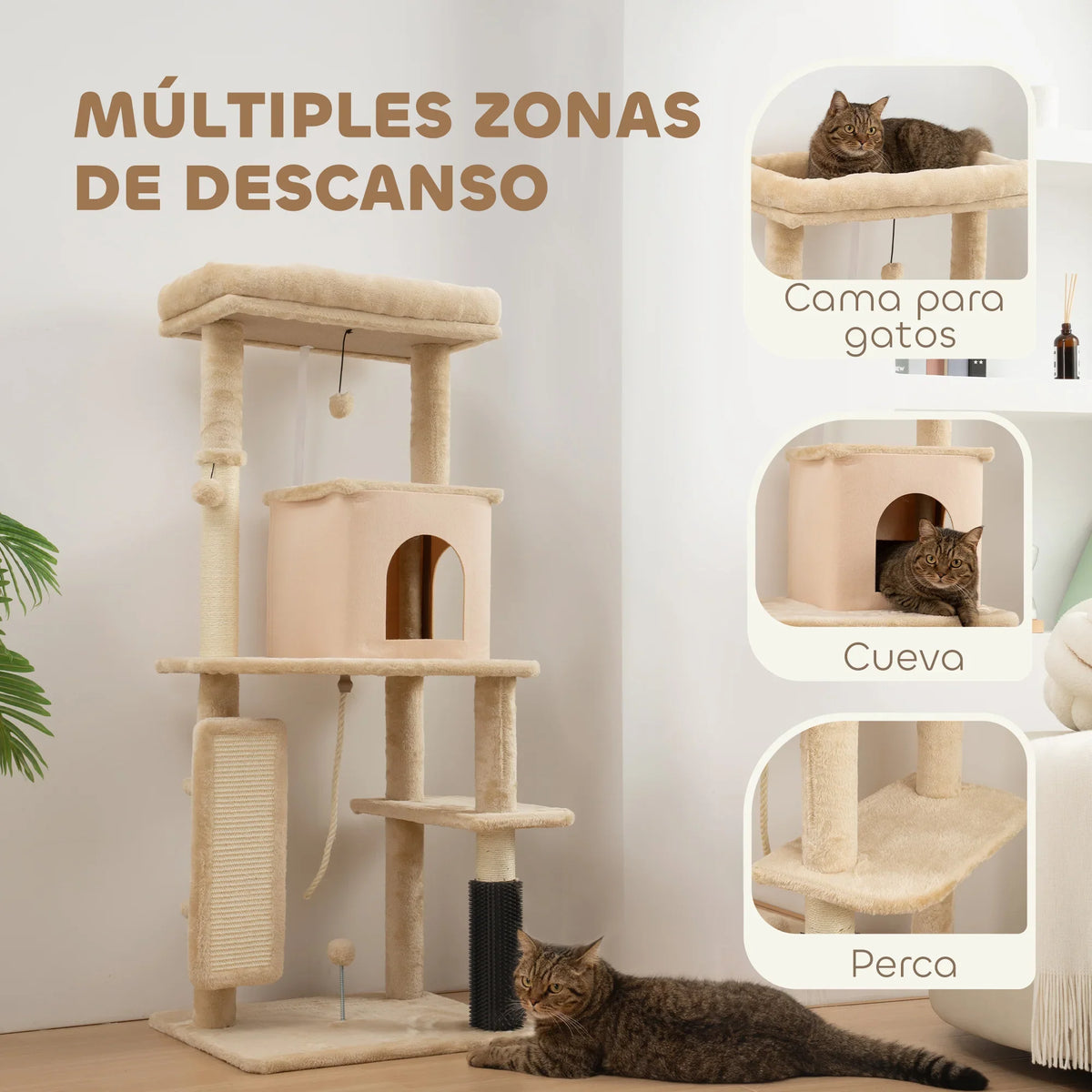 Arbre à Chat avec Brosse de Massage Intégrée - Beige