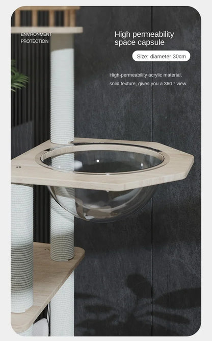 Arbre à Chat Design Blanc & Bois avec Roue XL