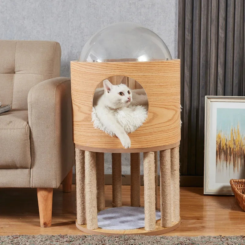 Arbre à Chat Design Bois & Sisal avec Dôme Observatoire