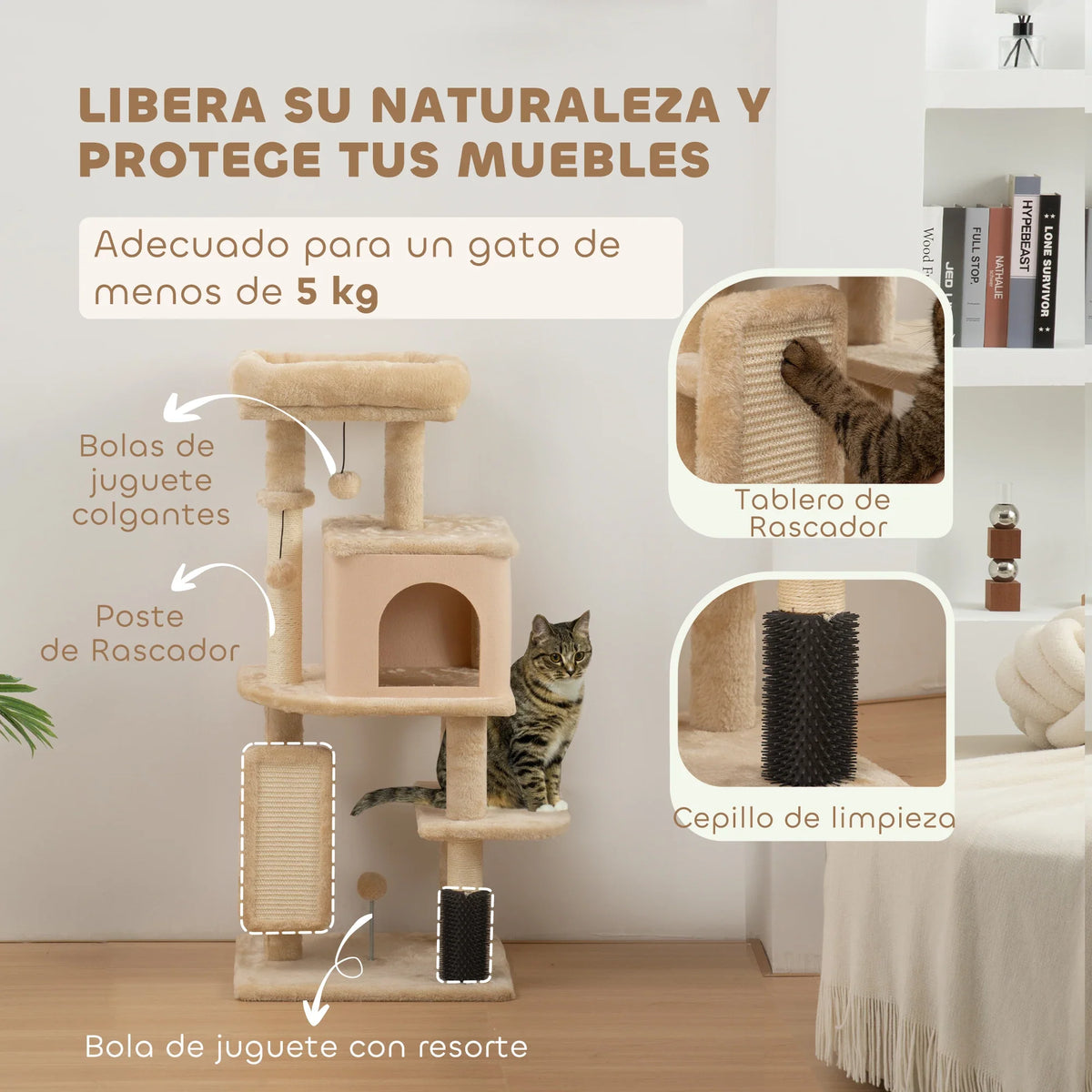 Arbre à Chat avec Brosse de Massage Intégrée - Beige