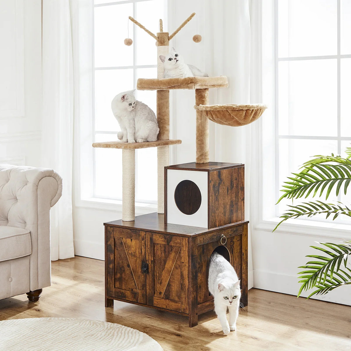 Arbre à Chat Multifonction Bois & Litière Dissimulée
