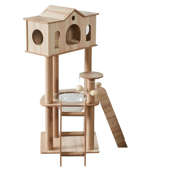Arbre à Chat CabaneCat Bois Naturel Multi-niveaux