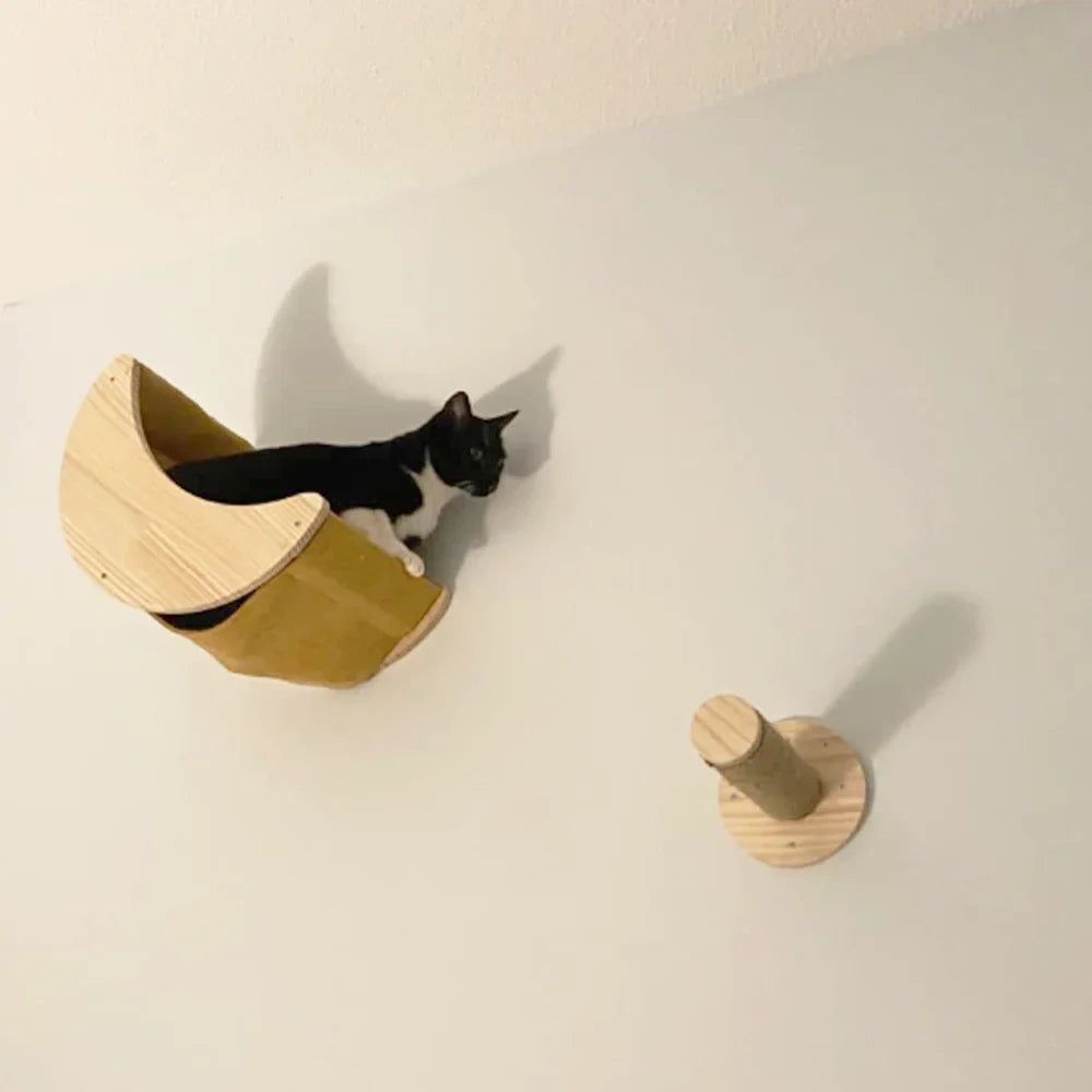 Arbre à Chat Mural Hamac Lune en Bois