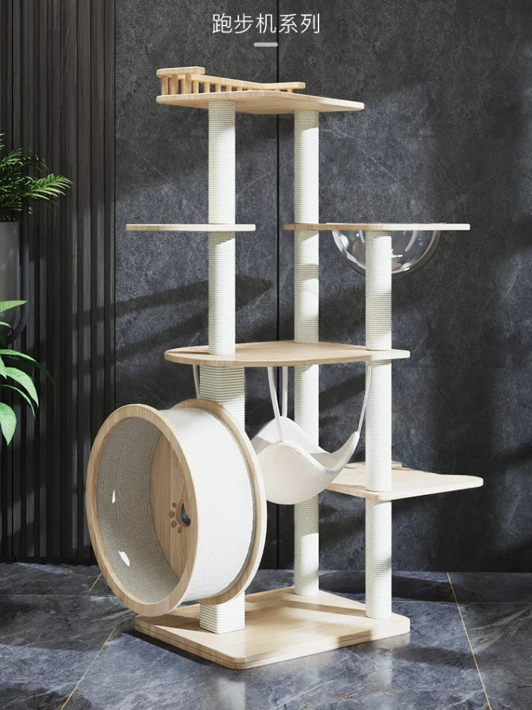 Arbre à Chat Design Blanc & Bois avec Roue XL