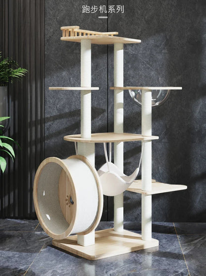 Arbre à Chat Design Blanc & Bois avec Roue XL