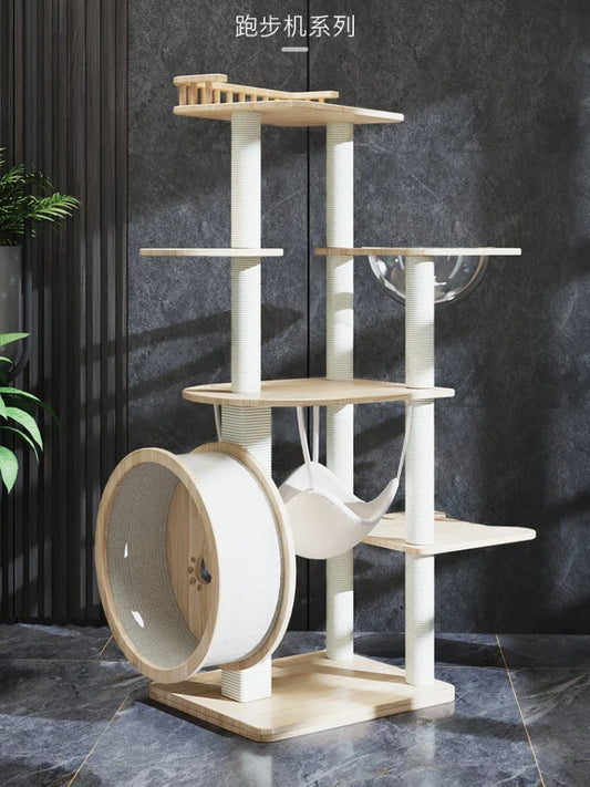 Arbre à Chat Design Blanc & Bois avec Roue XL