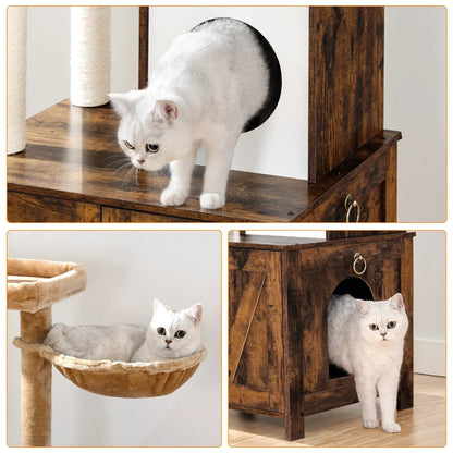 Arbre à Chat Multifonction Bois & Litière Dissimulée