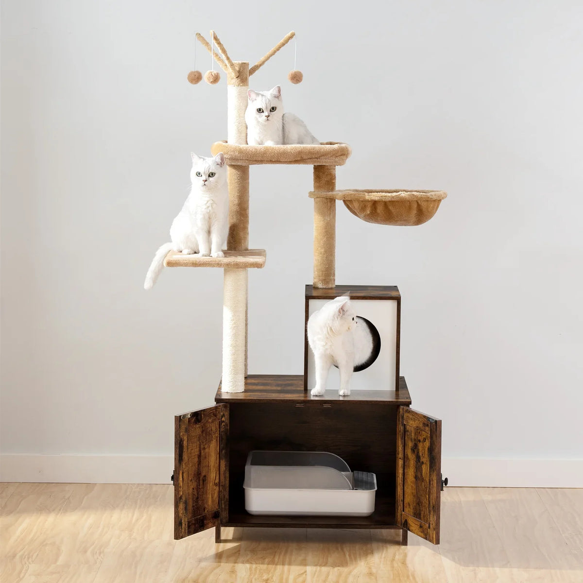 Arbre à Chat Multifonction Bois & Litière Dissimulée