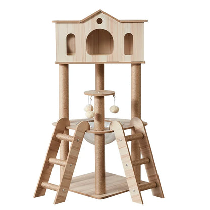 Arbre à Chat CabaneCat Bois Naturel Multi-niveaux